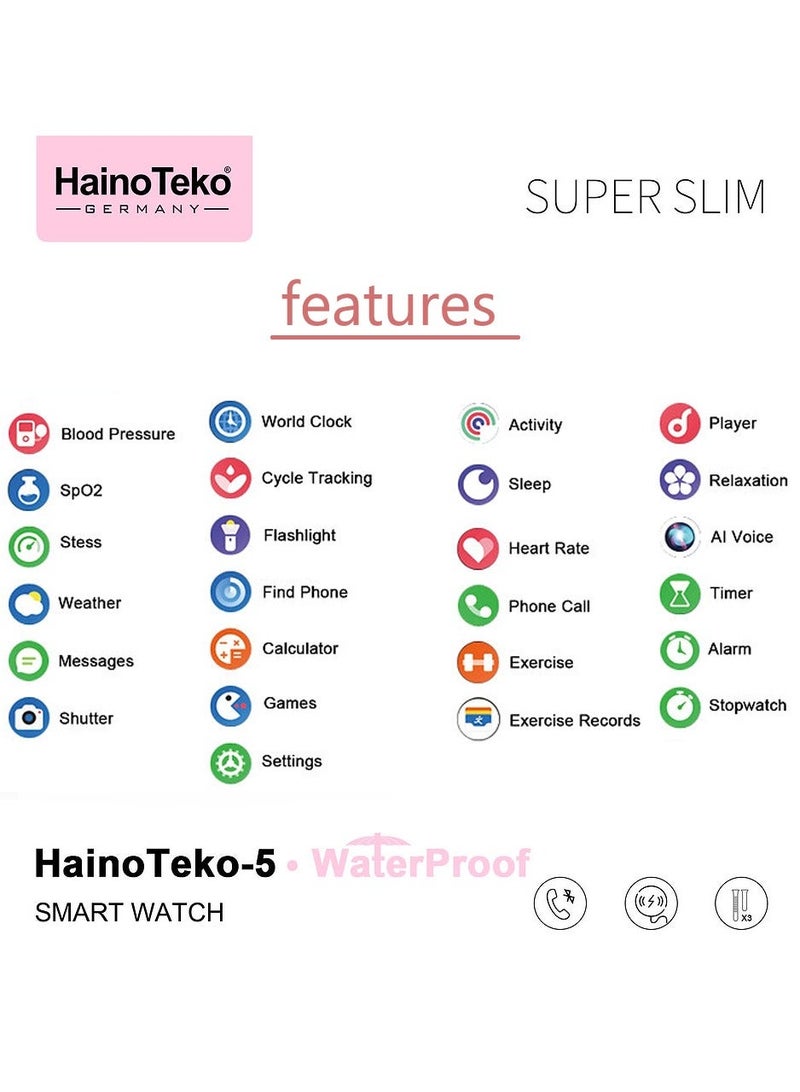 HainoTeko-5 Super Slim Smart Watch Round Shape AMOLED Display With Waterproof AI Voice Assistance and 3 Pair Straps For Ladies Black - Image 5